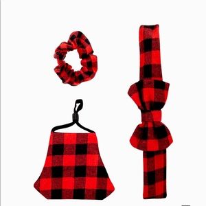 Olivia Miller Red And Black Plaid Fashion Safety Trio Mask, Headband, Hair Tie